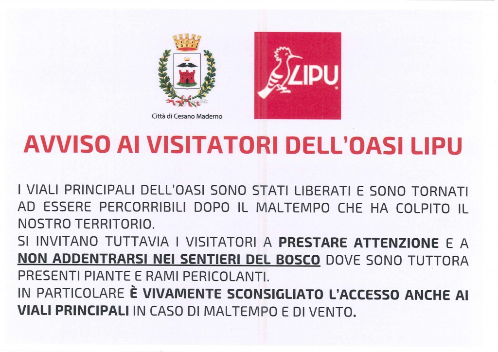 avviso riapertura sentieri oasi lipu da Comune 10082023